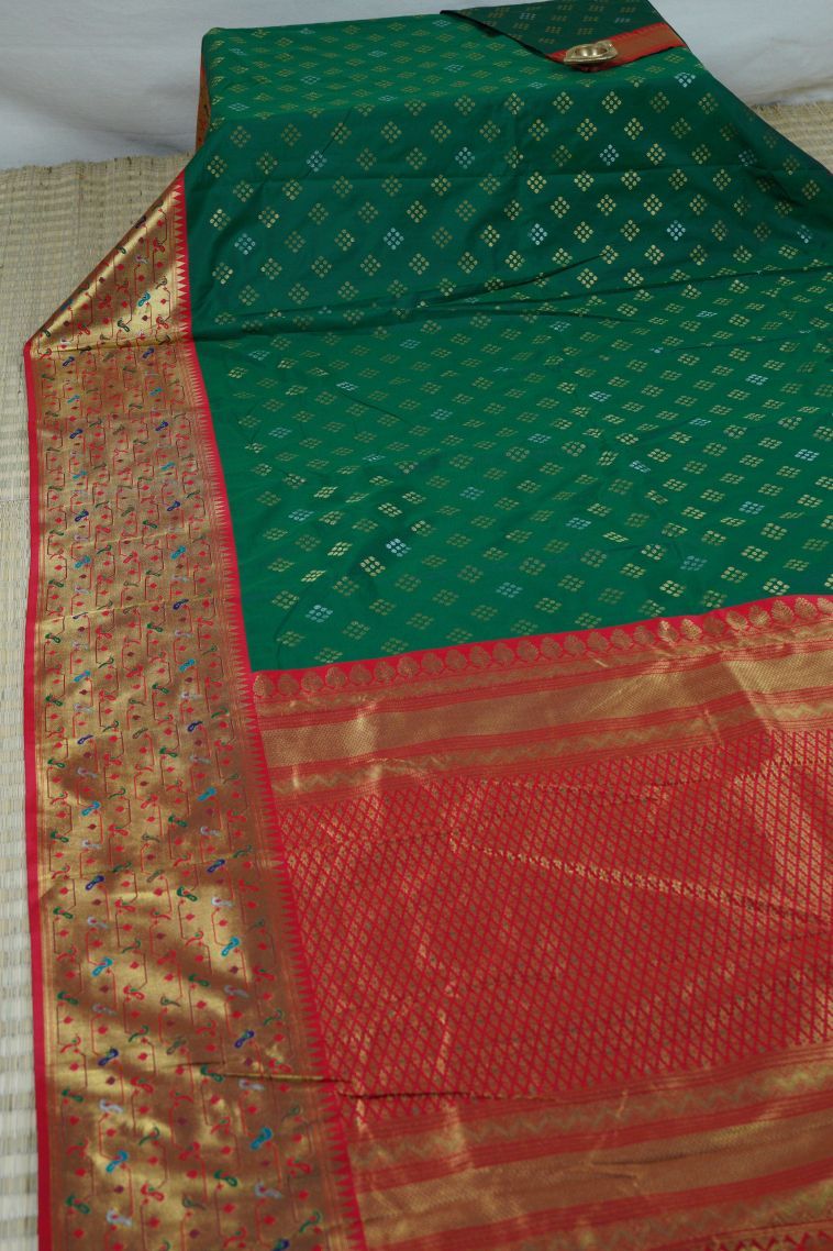 Bottle Green Soft Silk Saree with Gold Zari Buttis (Small Dots or Motifs) view 3