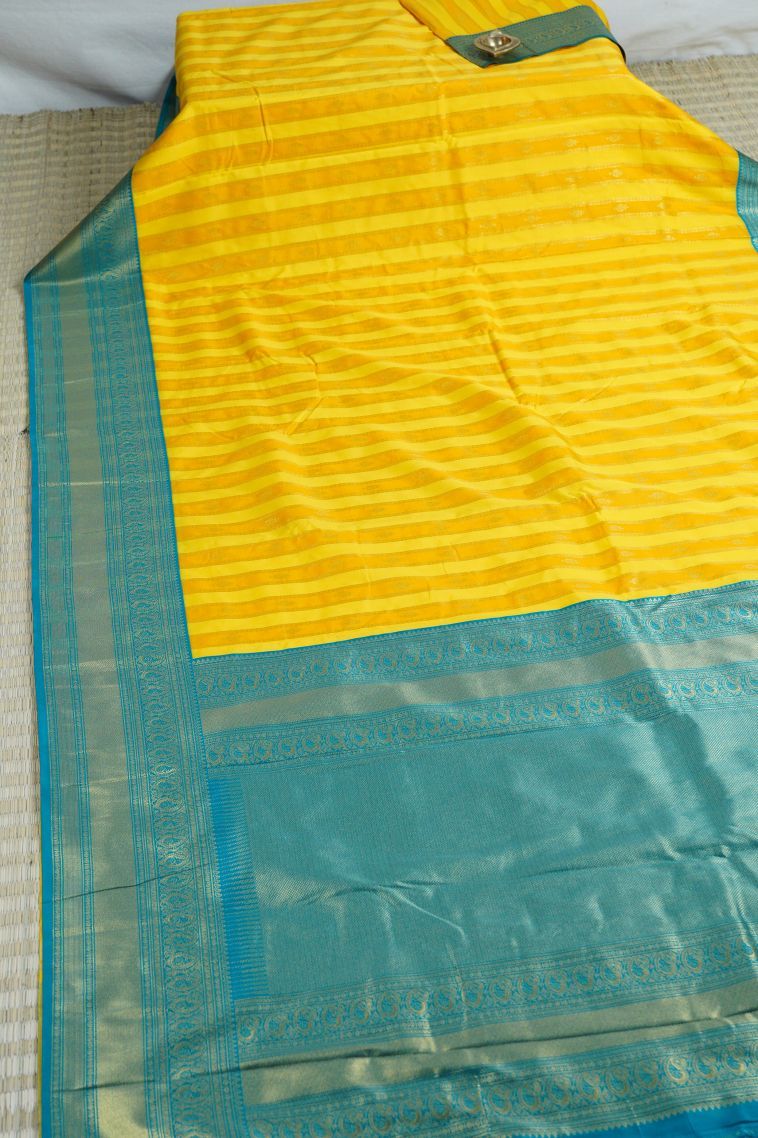 Sunflower Yellow Soft Silk Saree with Gold Zari Stripes view 3