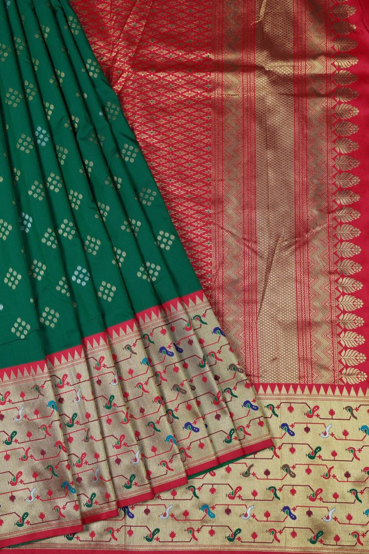 Bottle Green Soft Silk Saree with Gold Zari Buttis (Small Dots or Motifs) view 1