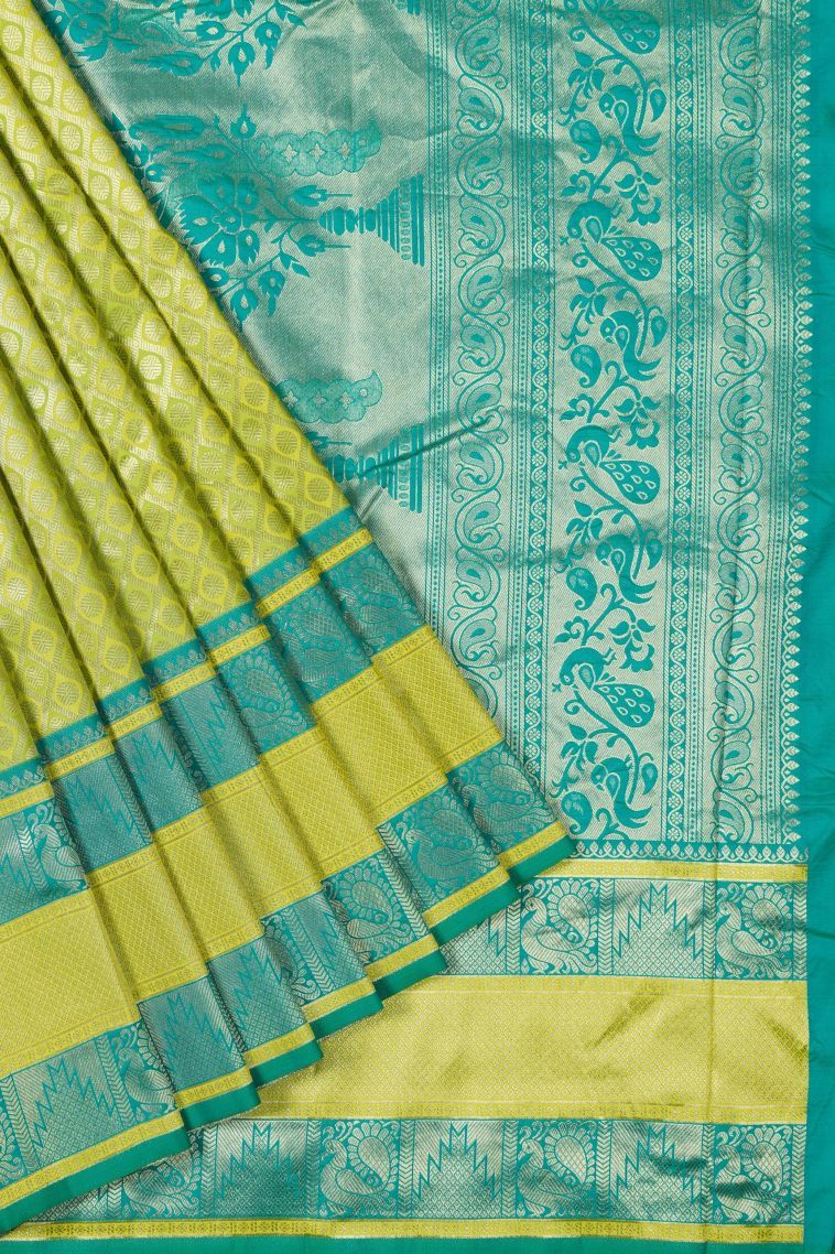 Lime Green Soft Silk Saree with Gold Zari Geometric Shapes view 1
