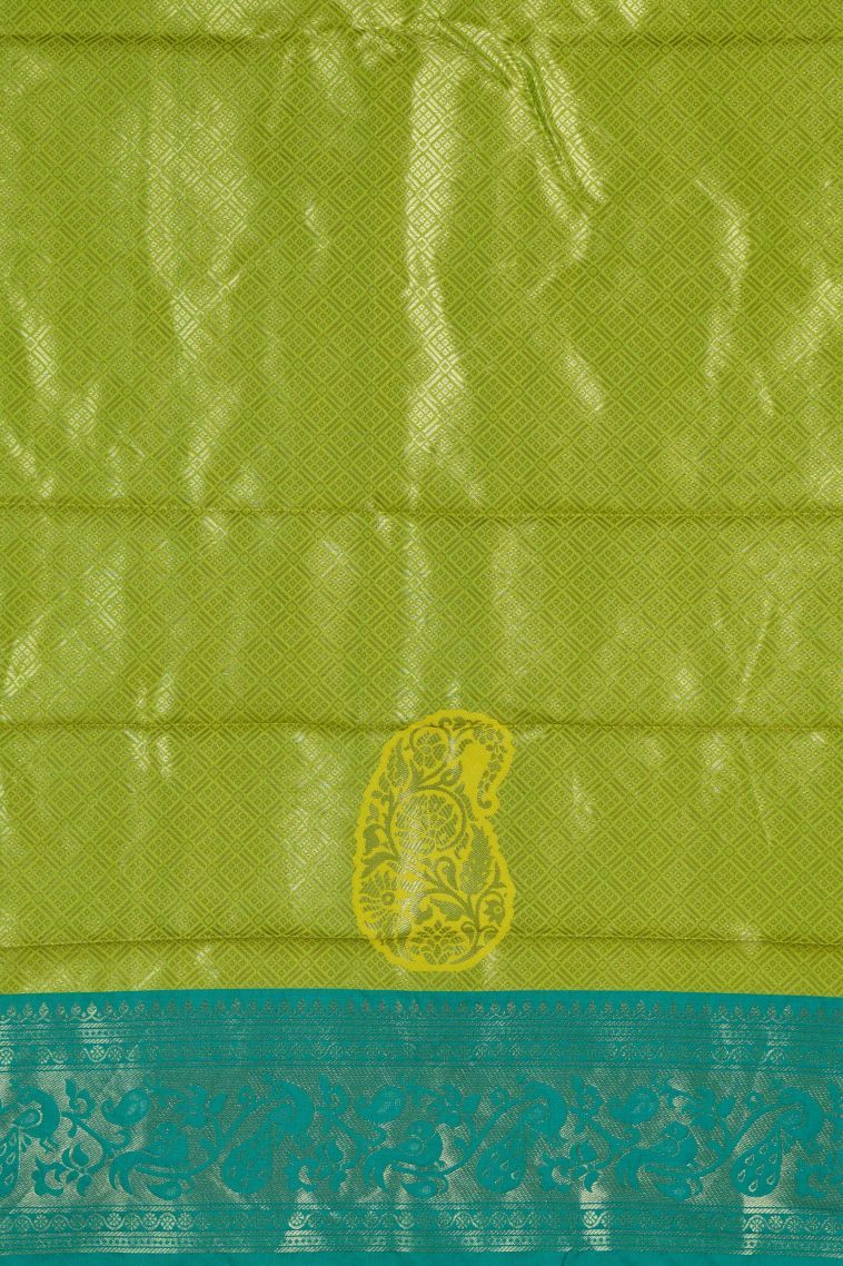 Lime Green Soft Silk Saree with Gold Zari Geometric Shapes view 2