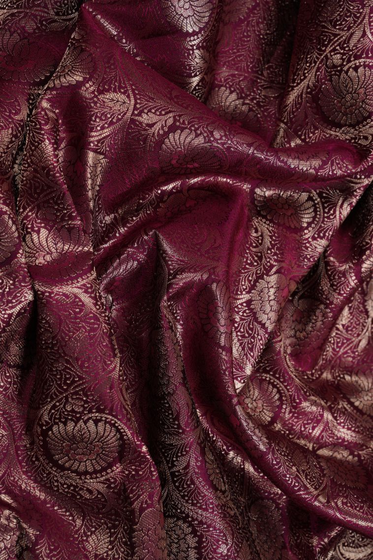 Wine Red Kanchivaram Saree with Copper Zari Floral Patterns view 4