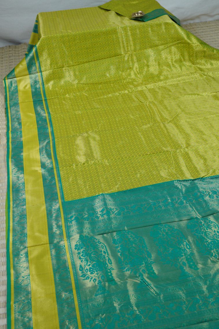 Lime Green Soft Silk Saree with Gold Zari Geometric Shapes view 3