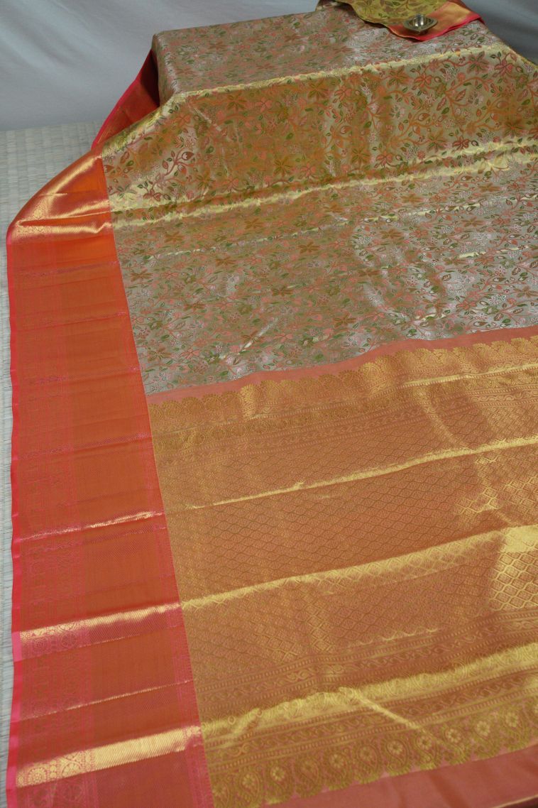 Slate Grey Kanchivaram Saree with Gold Zari Floral Patterns view 3