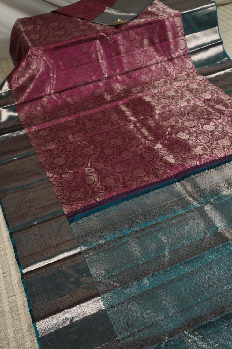 Wine Red Kanchivaram Saree with Copper Zari Floral Patterns view 2