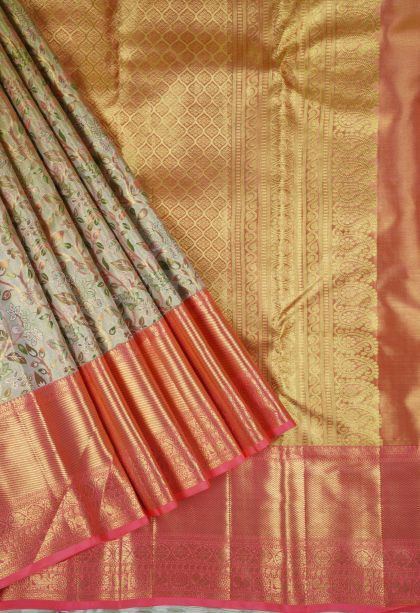 Slate Grey Kanchivaram Saree with Gold Zari Floral Patterns