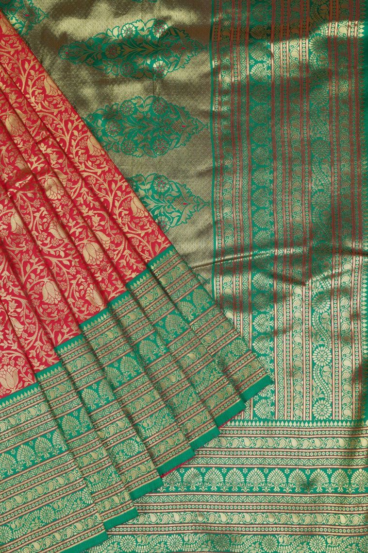 Red Soft Silk Saree with Gold Zari Floral Patterns view 1