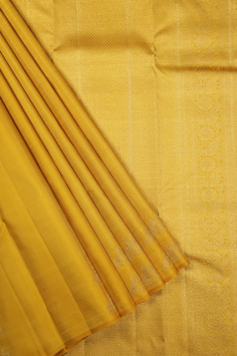 Yellow Kanchipuram Silk Sarees with Gold Zari Stripes view 1