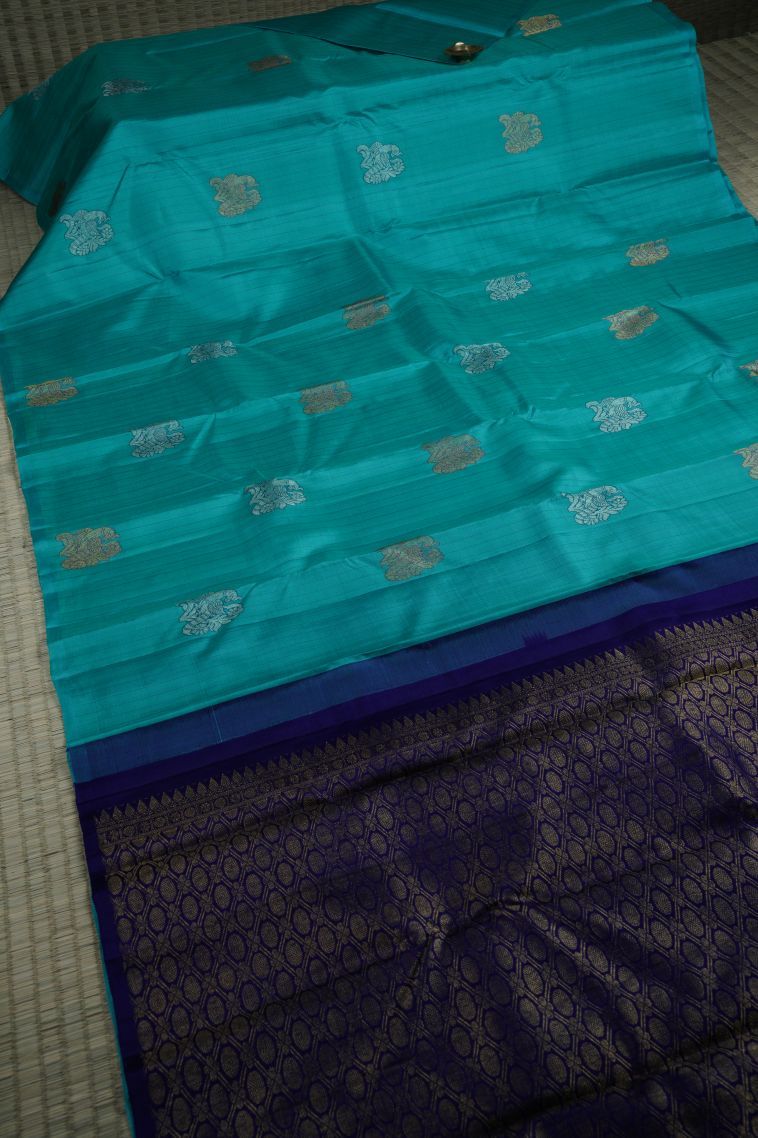 Teal Kanchipuram Silk Sarees with Gold Zari Buttis (small Dots Or Motifs) view 2