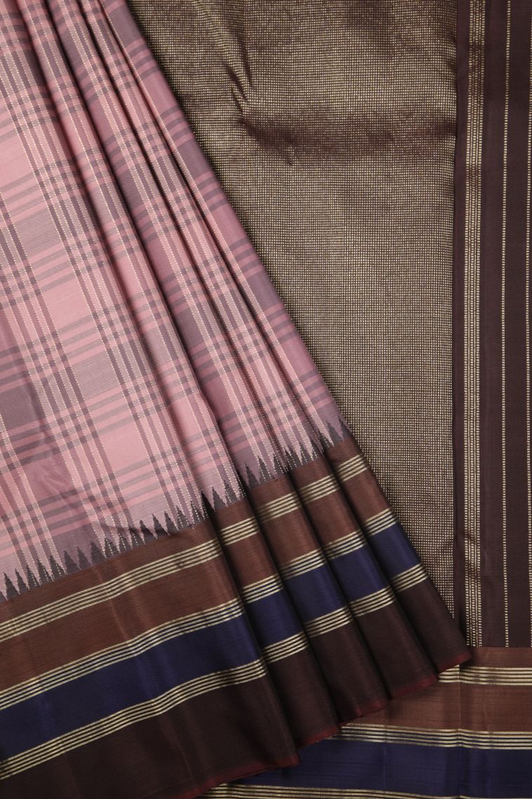 Lotus Pink Kanchipuram Silk Sarees with Gold Zari Checks view 1