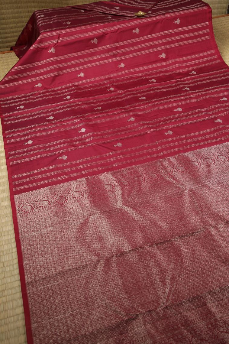 Red Kanchipuram Silk Sarees with Silver Zari Stripes view 2