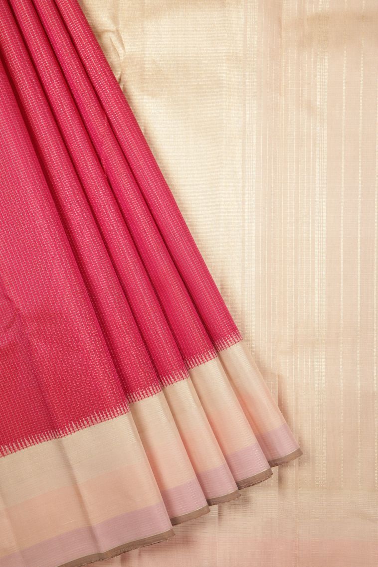 Pink Kanchipuram Silk Sarees with Gold Zari Checks view 1