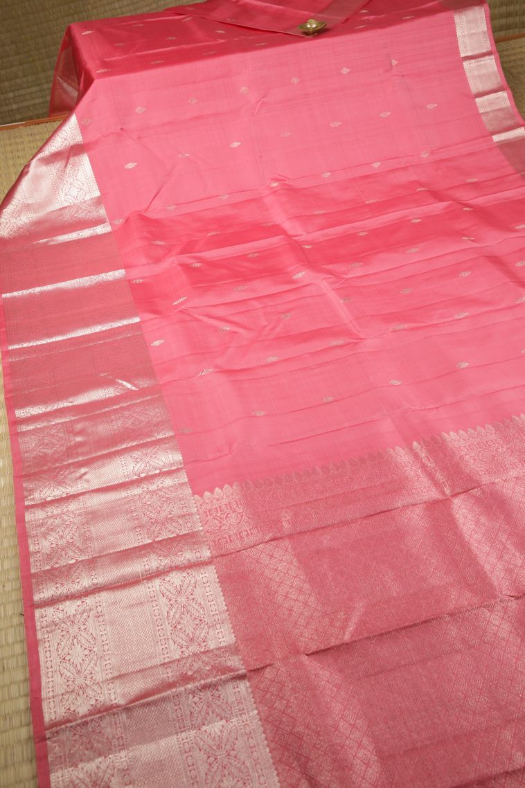 Pink Kanchipuram Silk Sarees with Silver Zari Buttis (small Dots Or Motifs) view 2