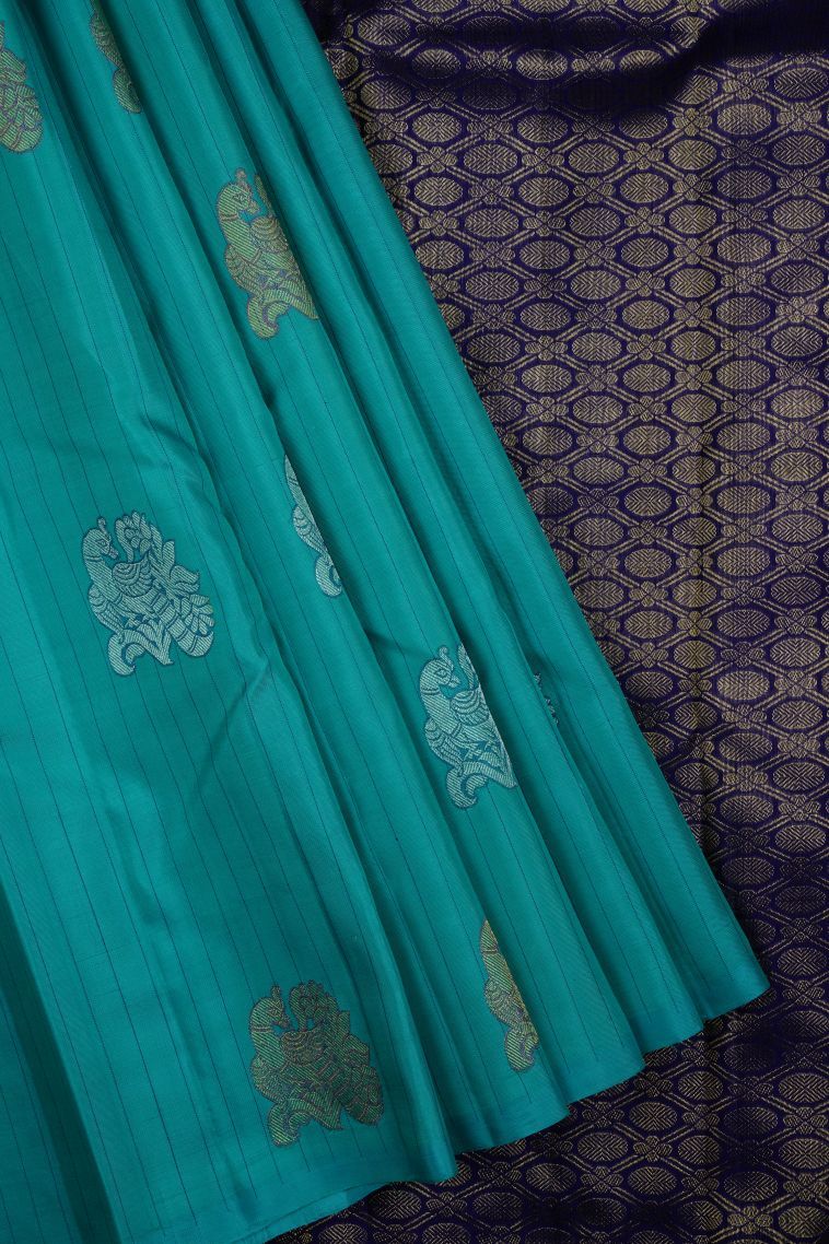 Teal Kanchipuram Silk Sarees with Gold Zari Buttis (small Dots Or Motifs) view 1