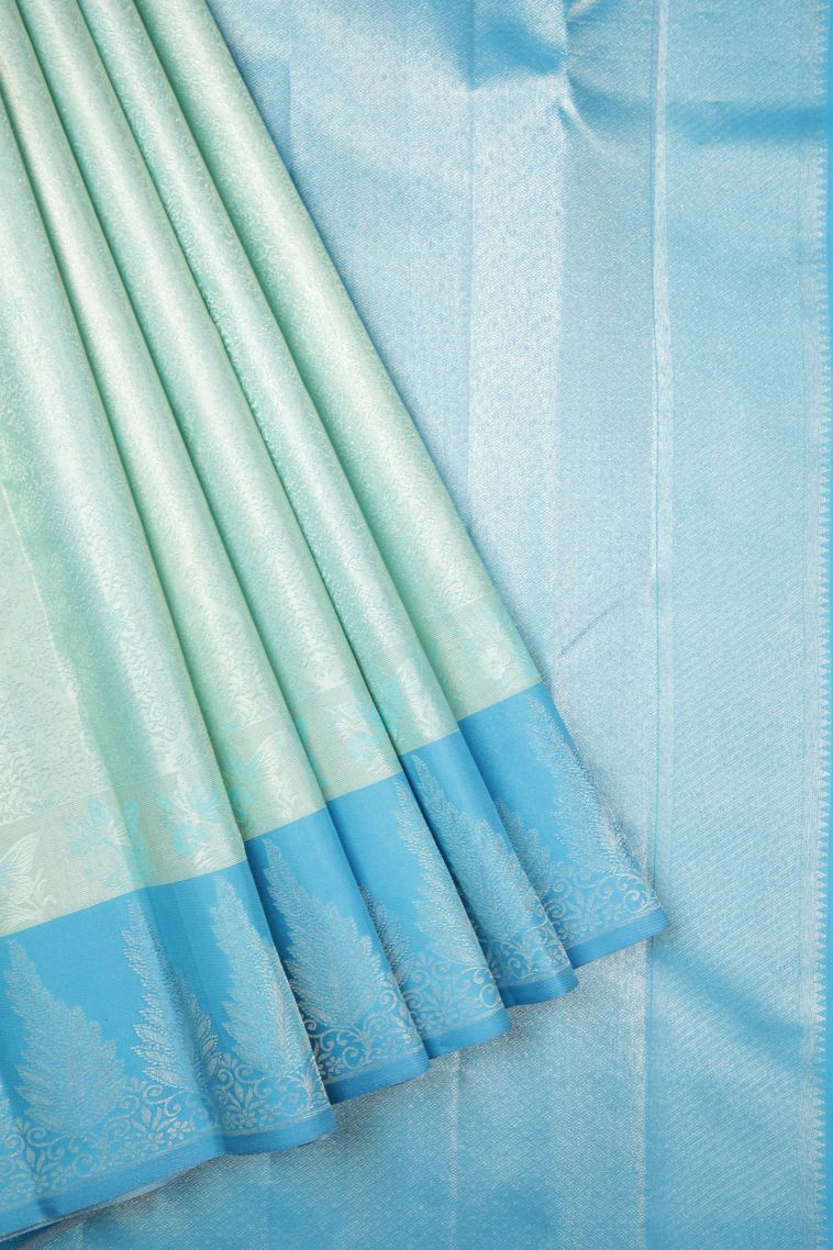 Sky Blue Kanchipuram Silk Sarees with Silver Zari Floral Patterns view 1