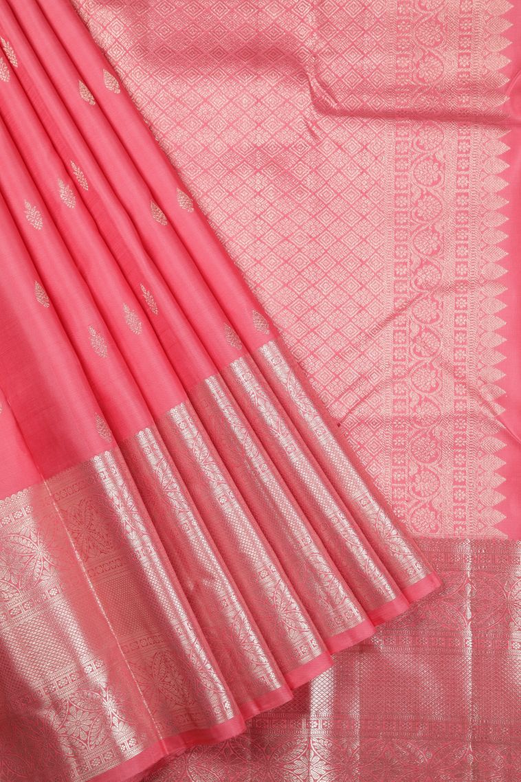 Pink Kanchipuram Silk Sarees with Silver Zari Buttis (small Dots Or Motifs) view 1