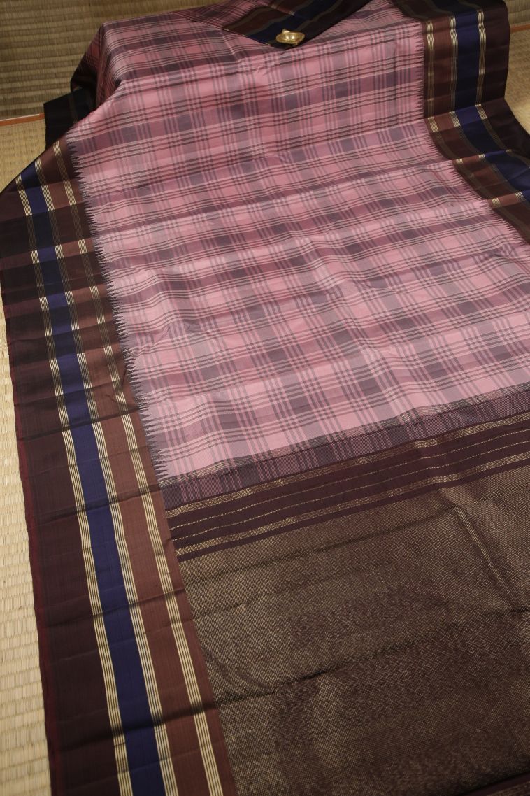 Lotus Pink Kanchipuram Silk Sarees with Gold Zari Checks view 2