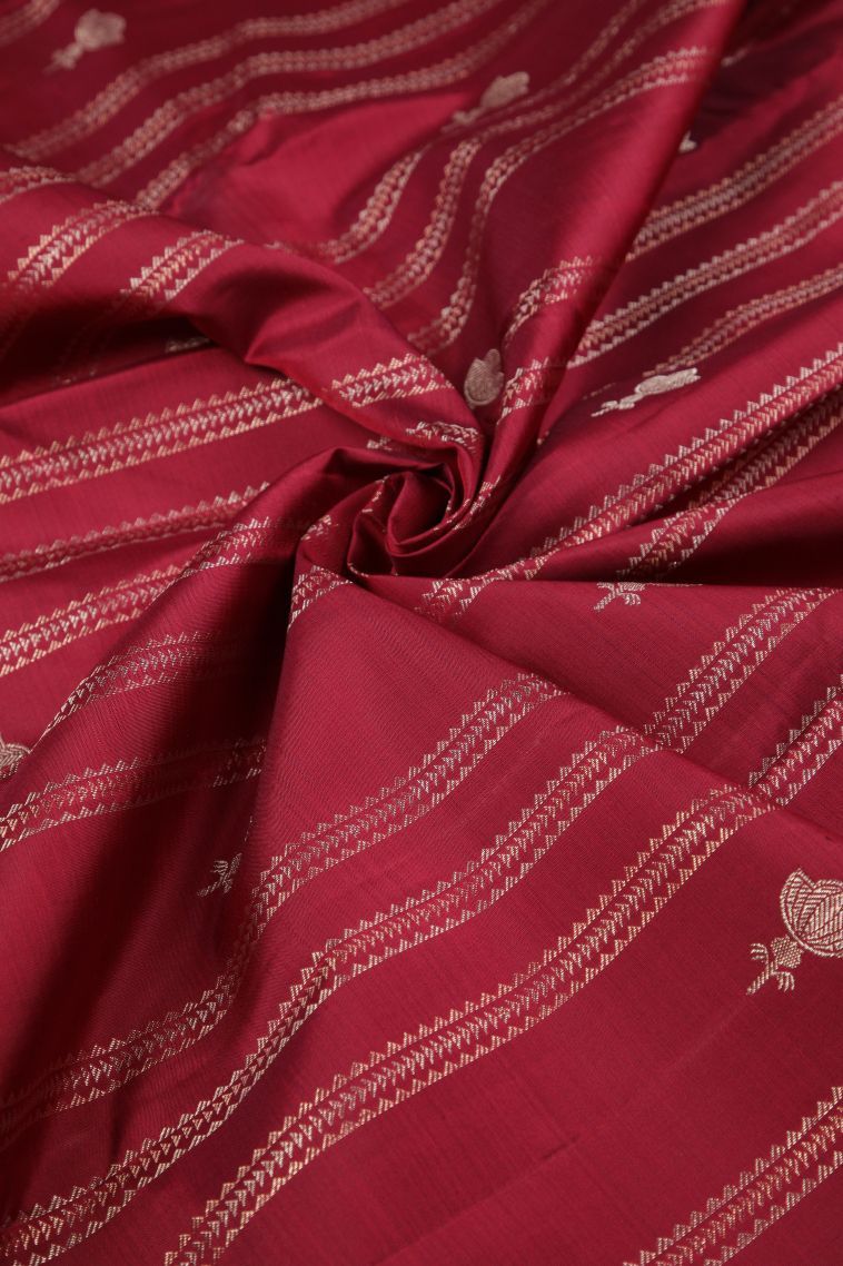 Red Kanchipuram Silk Sarees with Silver Zari Stripes view 4