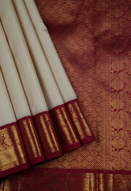Beige Kanchipuram Silk Sarees with Gold Zari Plain