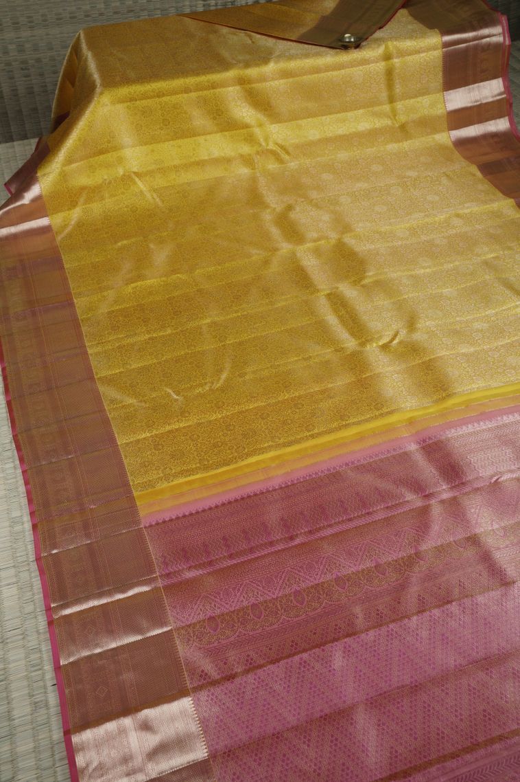 Yellow Kanchipuram Silk Sarees with Copper Zari Floral Patterns view 2