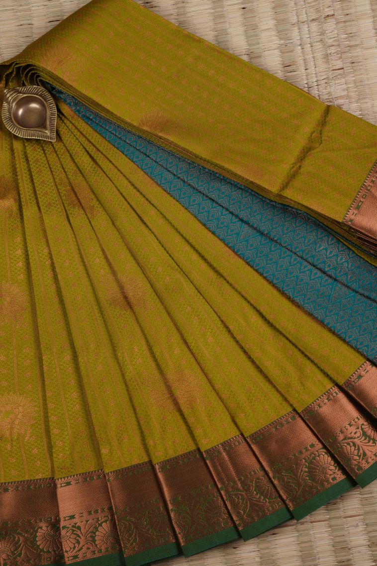 Yellow Visiri Madippu Silk Sarees with Copper Zari Buttis (small Dots Or Motifs) view 1