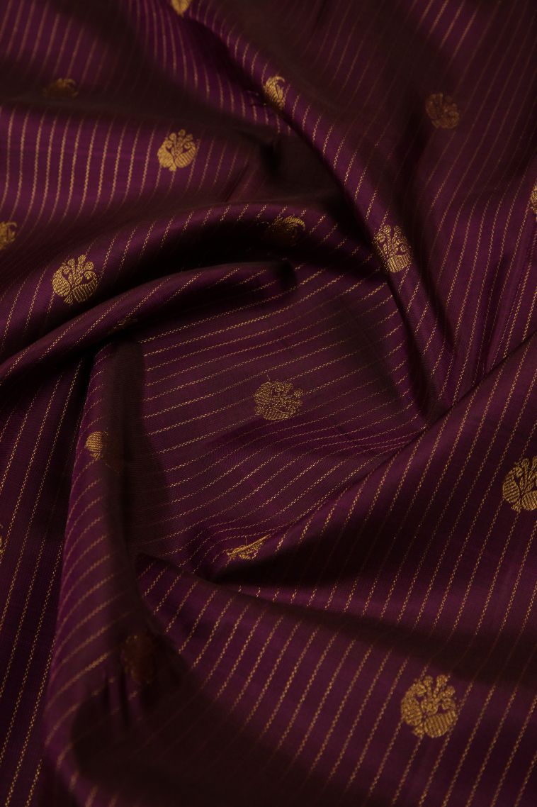 Purple Kanchipuram Silk Sarees with Gold Zari Stripes view 4
