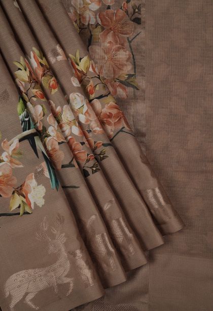 Brown Tussar Silk Saree with Without Zari Zari Floral Patterns