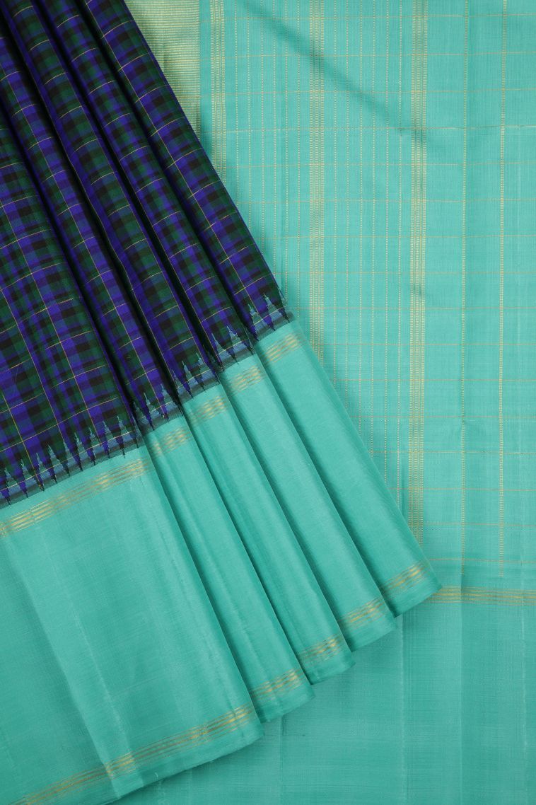 Blue Kanchipuram Silk Sarees with Without Zari Zari Checks view 1