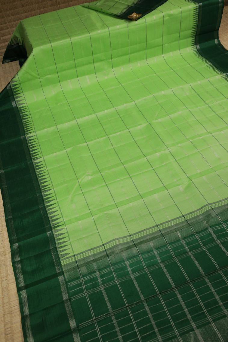 Green Kanchipuram Silk Sarees with Silver Zari Stripes view 2