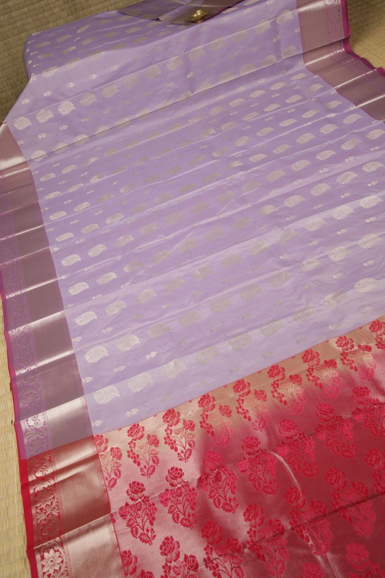 Purple Visiri Madippu Silk Sarees with Silver Zari Buttis (small Dots Or Motifs) view 2