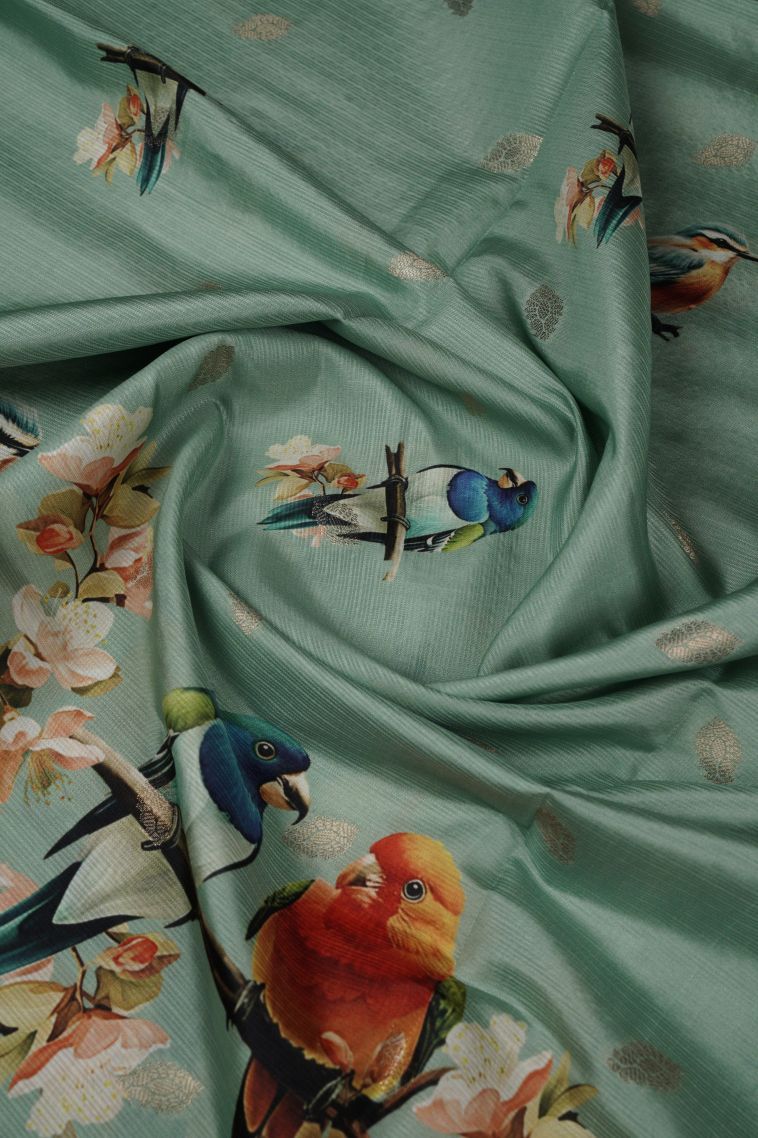 Green Tussar Silk Saree with Without Zari Zari Floral Patterns view 4