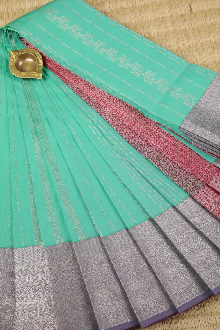 Green Visiri Madippu Silk Sarees with Silver Zari Buttis (small Dots Or Motifs) view 1