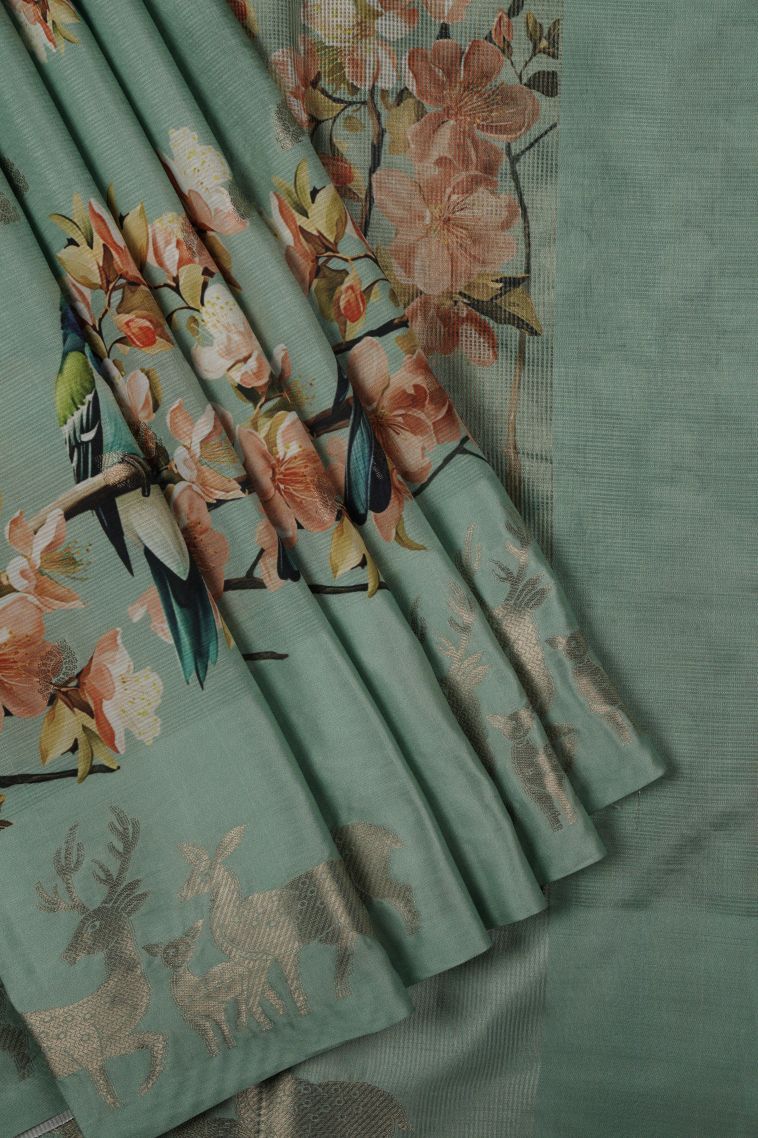 Green Tussar Silk Saree with Without Zari Zari Floral Patterns view 1