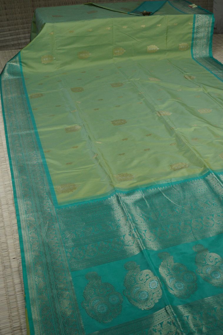 Green Soft Silk Saree with Gold Zari Buttis (small Dots Or Motifs) view 2