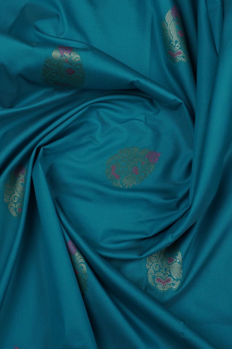 Blue Soft Silk Saree with Gold Zari Buttis (small Dots Or Motifs) view 4