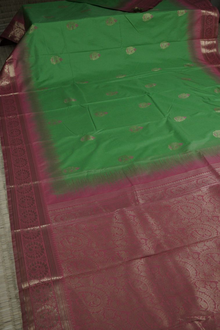 Green Soft Silk Saree with Gold Zari Buttis (small Dots Or Motifs) view 2