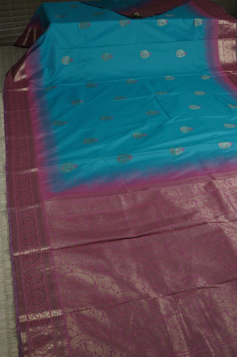 Blue Soft Silk Saree with Gold Zari Buttis (small Dots Or Motifs) view 2