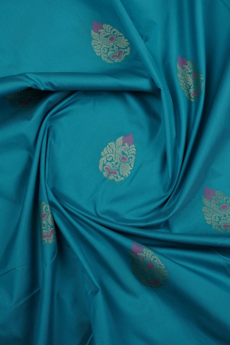 Blue Soft Silk Saree with Gold Zari Buttis (small Dots Or Motifs) view 4