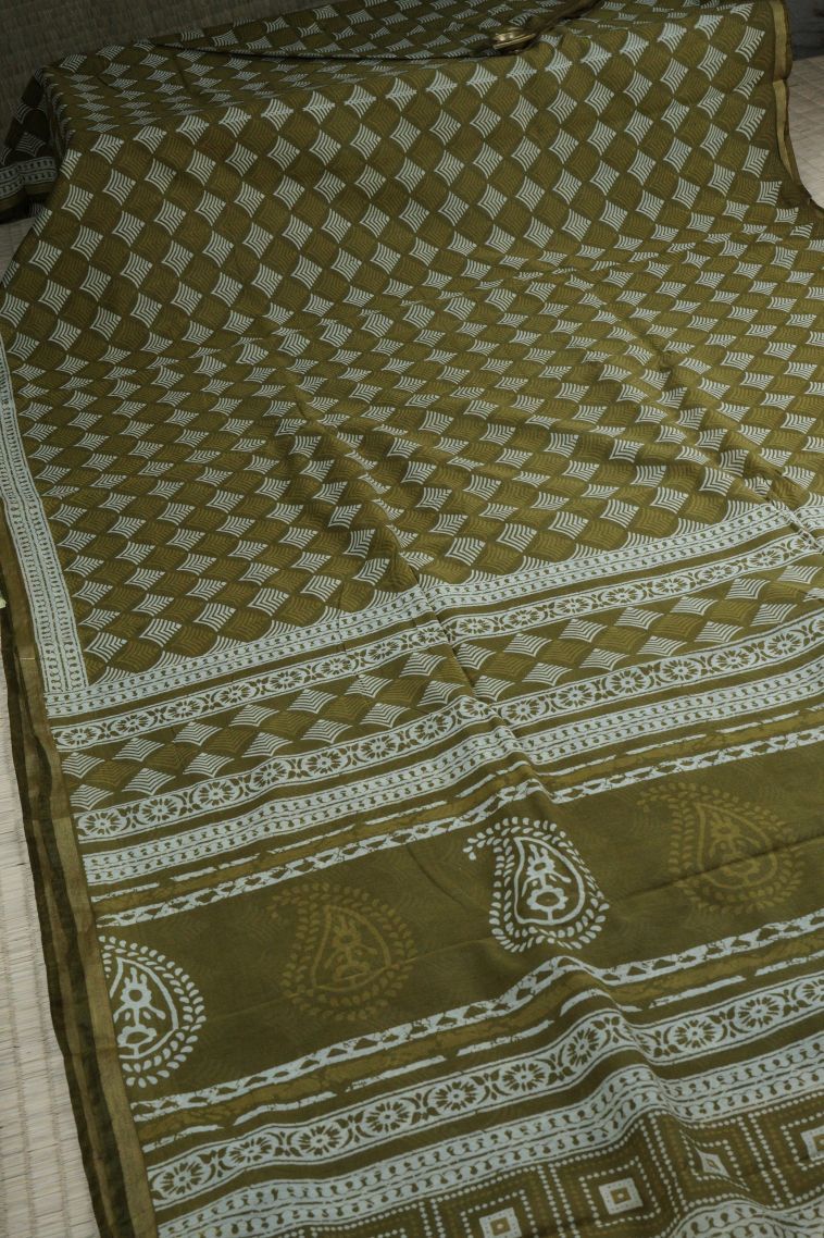Olive Green Chanderi Cotton Sarees with Without Zari Zari Floral Patterns view 2