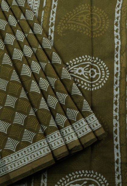 Olive Green Chanderi Cotton Sarees with Without Zari Zari Floral Patterns