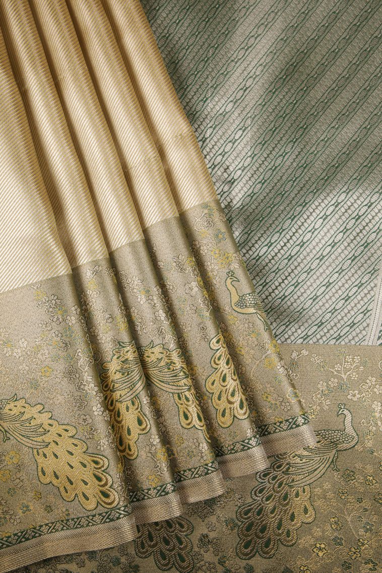 Cookie Yellow Tissue Silk Sarees with Silver Zari Peacock Motifs view 1
