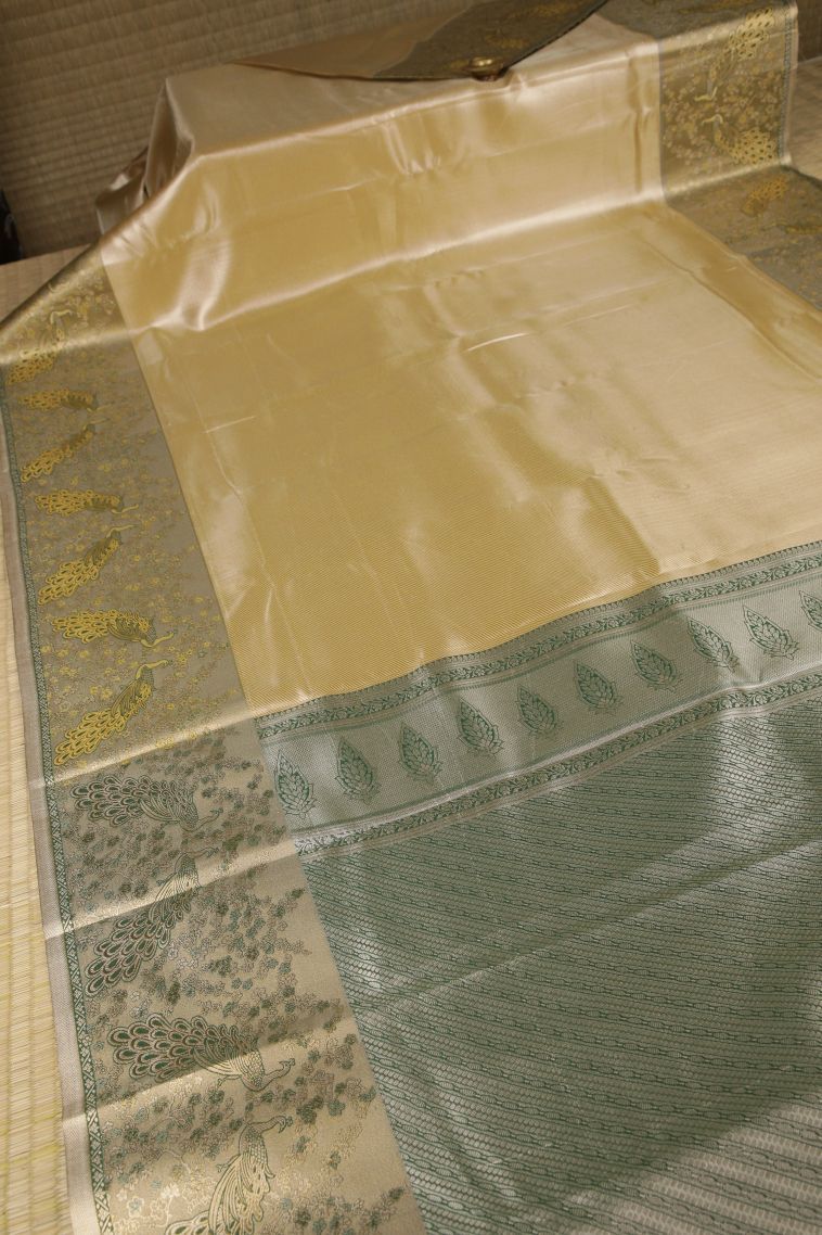 Cookie Yellow Tissue Silk Sarees with Silver Zari Peacock Motifs view 2