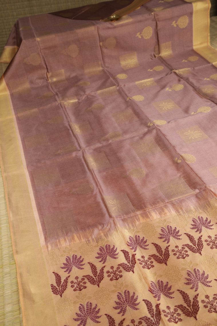 Tan Pink Tussar Saree with Gold Zari Buttis (small Dots Or Motifs) view 2