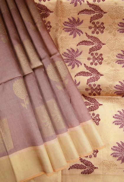 Tan Pink Tussar Saree with Gold Zari Buttis (small Dots Or Motifs)
