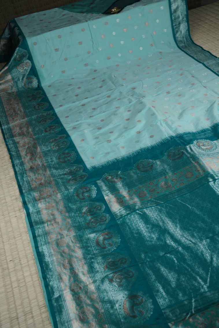 Sapphire Blue Soft Silk Saree with Gold Zari Buttis (small Dots Or Motifs) view 2