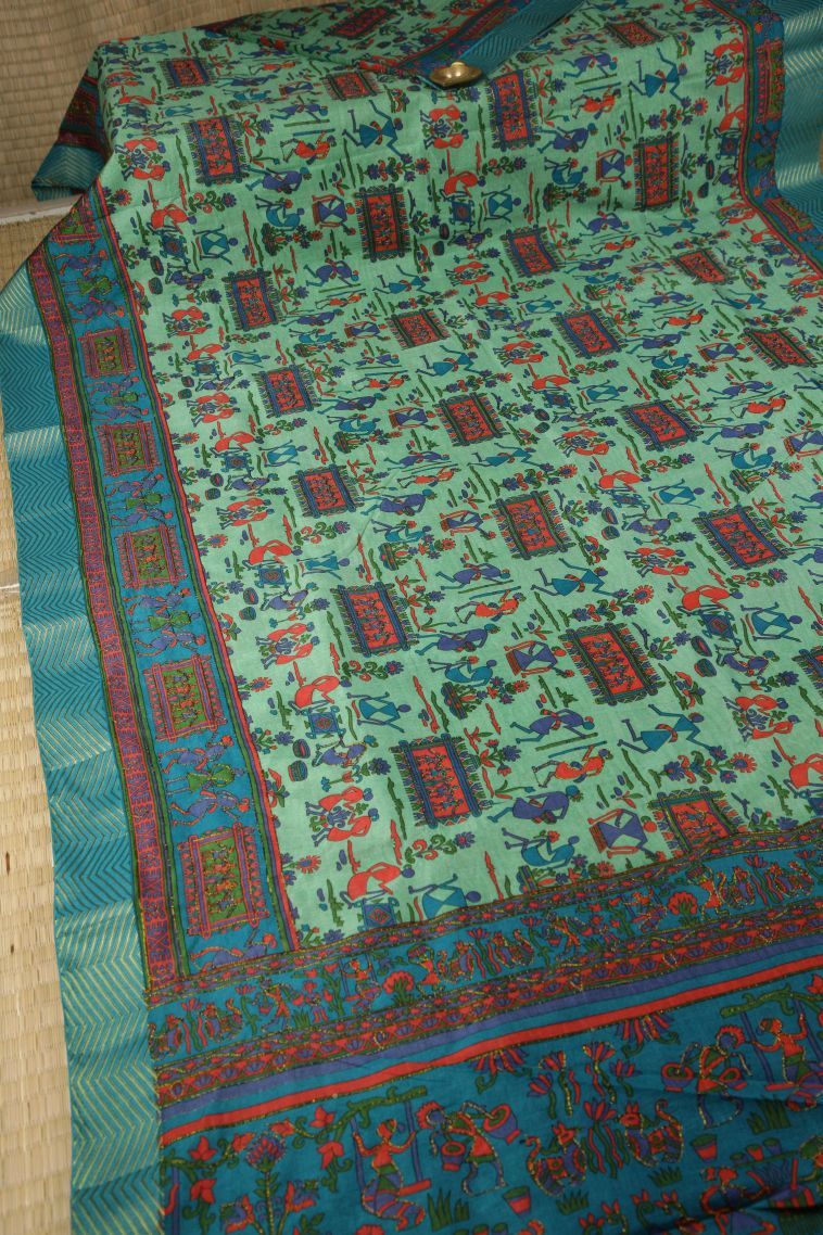 Mint Green Tussar Silk Saree with Without Zari Zari Floral Patterns view 2