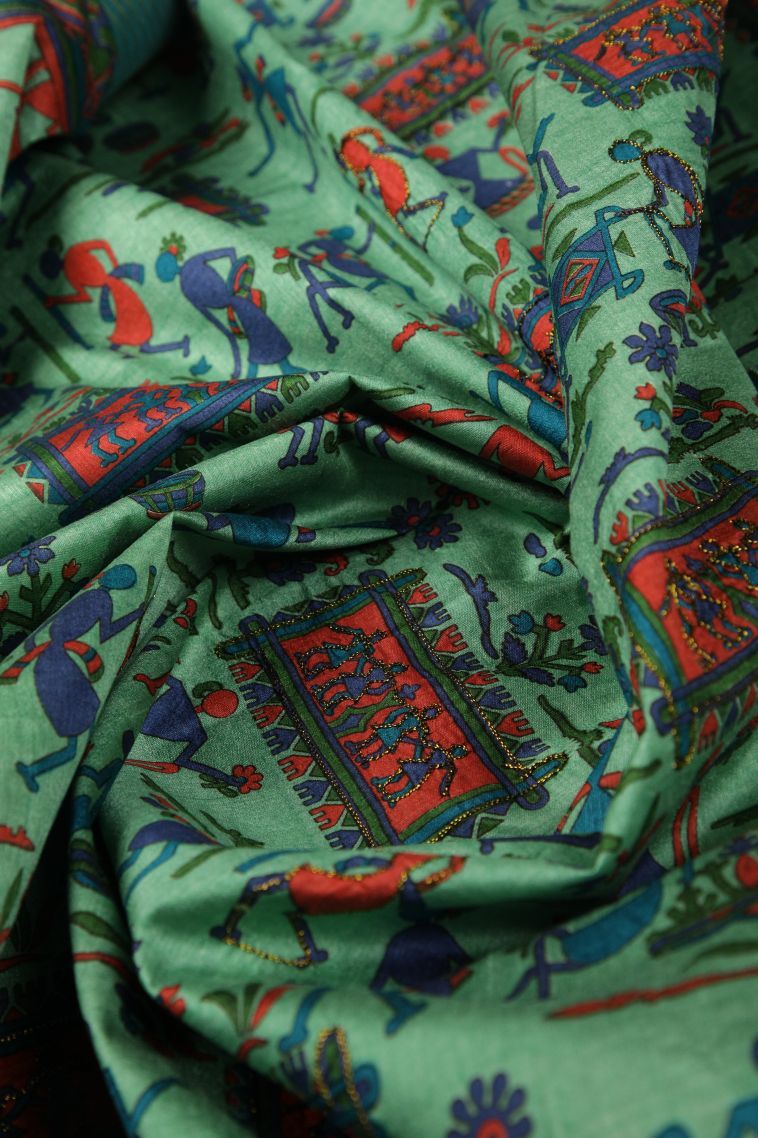 Mint Green Tussar Silk Saree with Without Zari Zari Floral Patterns view 4