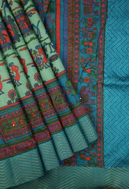 Mint Green Tussar Silk Saree with Without Zari Zari Floral Patterns