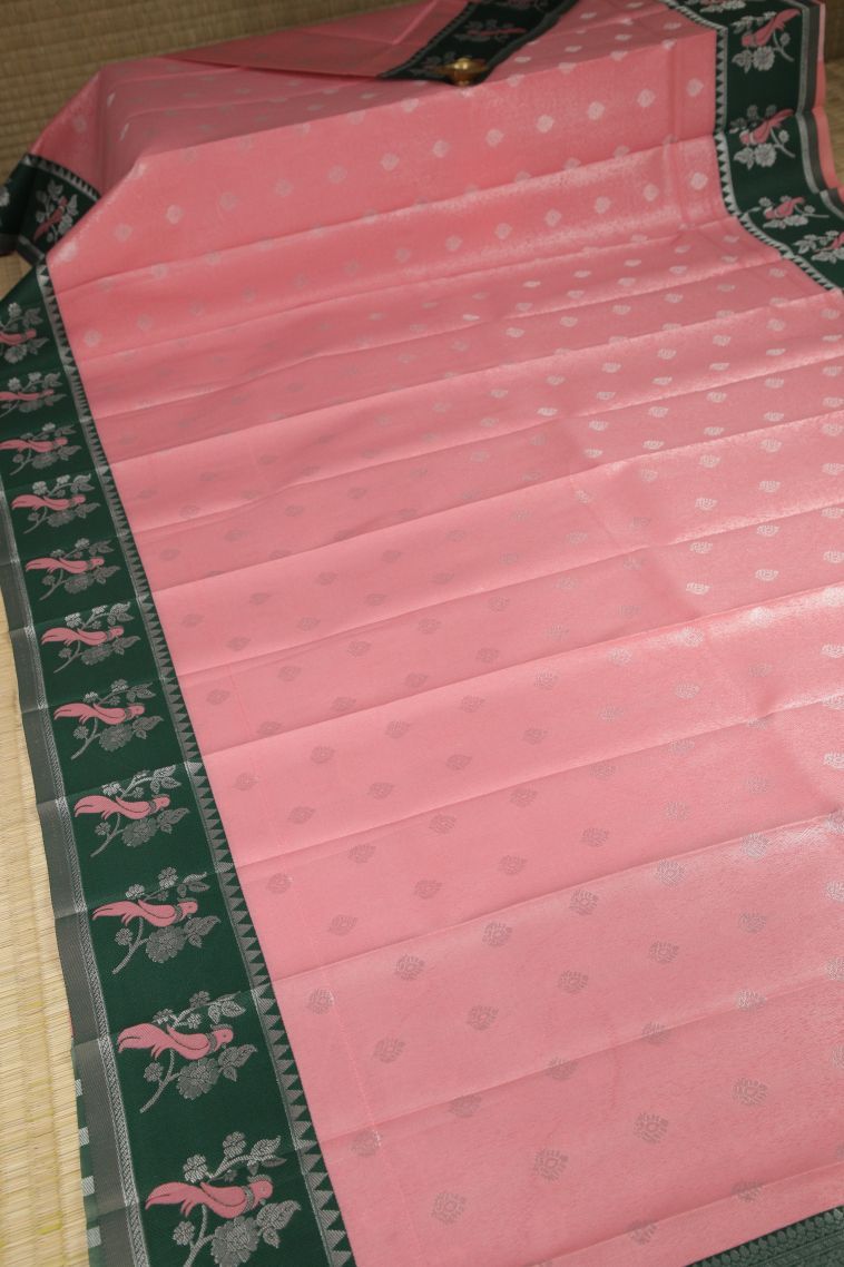 Rose Pink Visiri Madippu Silk Sarees with Silver Zari Buttis (small Dots Or Motifs) view 2