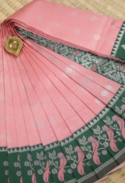 Rose Pink Visiri Madippu Silk Sarees with Silver Zari Buttis (small Dots Or Motifs)